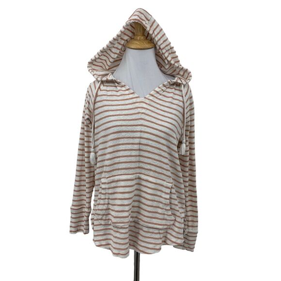 Roxy Sweatshirt Womens XS Striped Tassel Hoodie Pullover Kangaroo Pocket V Neck - Picture 1 of 12